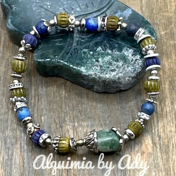 Jade  and Sodalite beaded silver statement bangle bracelet western rodeo - Picture 1 of 11